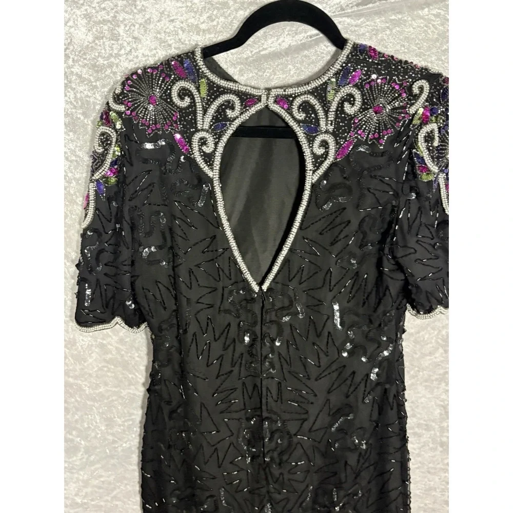 Vintage Laurence Kazar NY‎ Silk Beaded Sequin Cocktail Dress Black Art Deco M